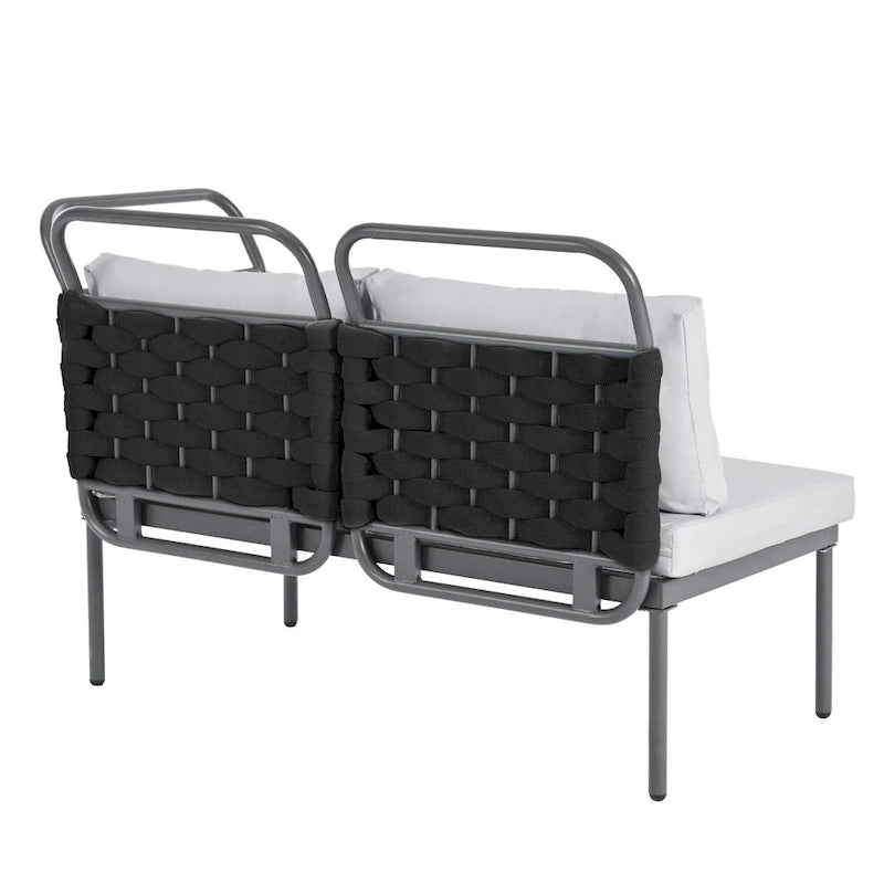 Ensemble de canapé d'angle moderne 5 pièces pour patio, mobilier d'extérieur en corde tressée avec table en verre et coussins