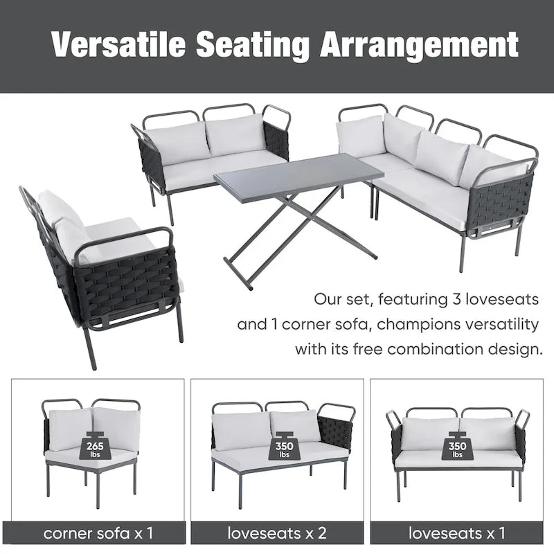Ensemble de canapé d'angle moderne 5 pièces pour patio, mobilier d'extérieur en corde tressée avec table en verre et coussins