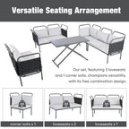 Ensemble de canapé d'angle moderne 5 pièces pour patio, mobilier d'extérieur en corde tressée avec table en verre et coussins