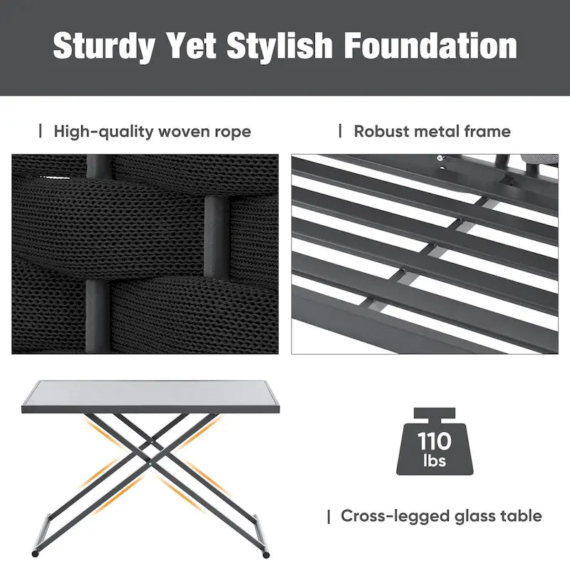 Ensemble de canapé d'angle moderne 5 pièces pour patio, mobilier d'extérieur en corde tressée avec table en verre et coussins