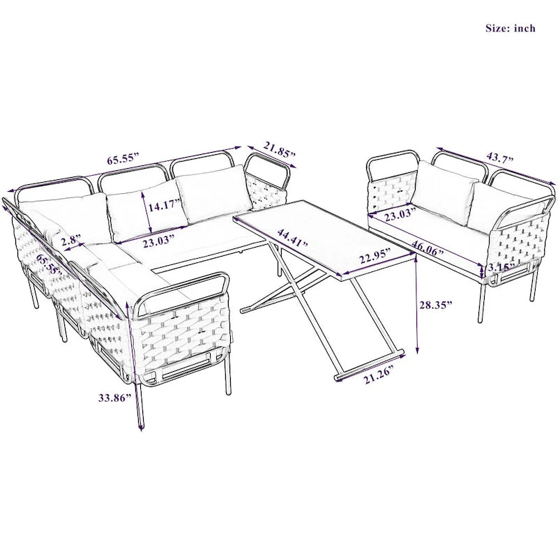 Ensemble de canapé d'angle moderne 5 pièces pour patio, mobilier d'extérieur en corde tressée avec table en verre et coussins