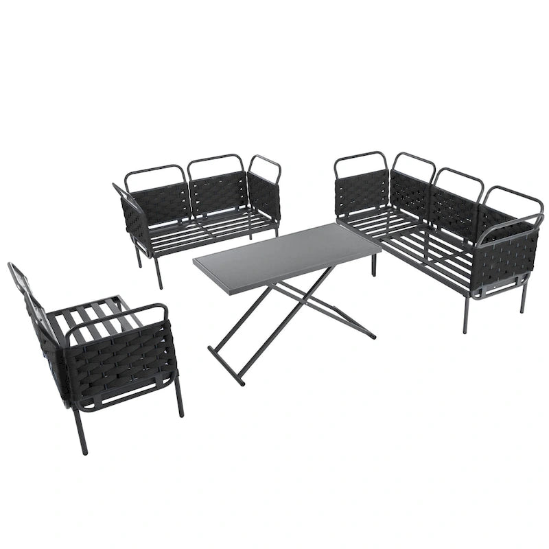 Ensemble de canapé d'angle moderne 5 pièces pour patio, mobilier d'extérieur en corde tressée avec table en verre et coussins