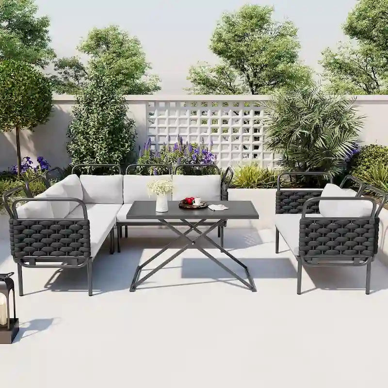Ensemble de canapé d'angle moderne 5 pièces pour patio, mobilier d'extérieur en corde tressée avec table en verre et coussins