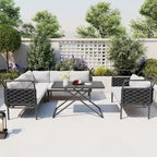 Ensemble de canapé d'angle moderne 5 pièces pour patio, mobilier d'extérieur en corde tressée avec table en verre et coussins