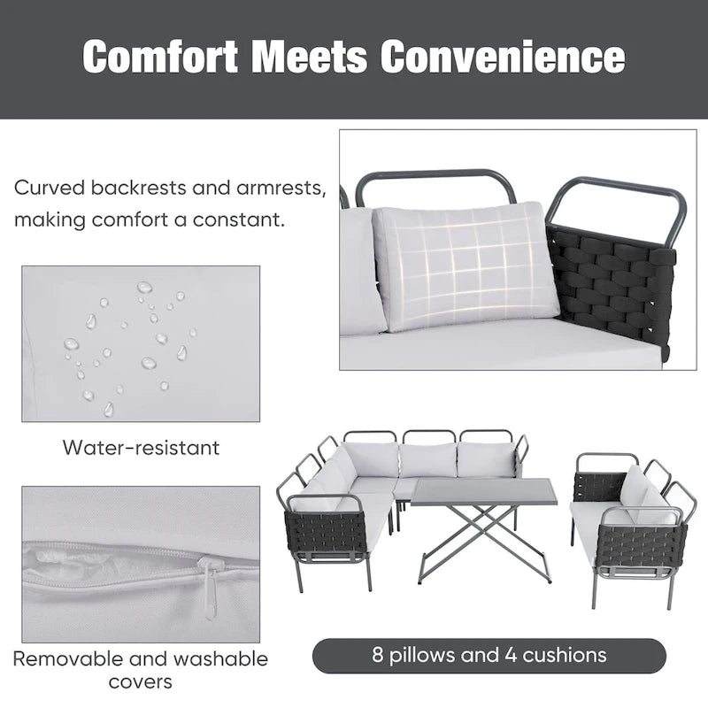 Ensemble de canapé d'angle moderne 5 pièces pour patio, mobilier d'extérieur en corde tressée avec table en verre et coussins