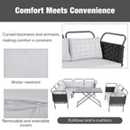 Ensemble de canapé d'angle moderne 5 pièces pour patio, mobilier d'extérieur en corde tressée avec table en verre et coussins