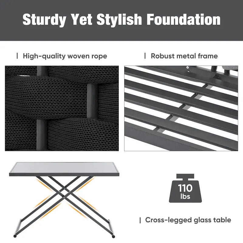 Ensemble de canapé d'angle moderne 5 pièces pour patio, mobilier d'extérieur en corde tressée avec table en verre et coussins
