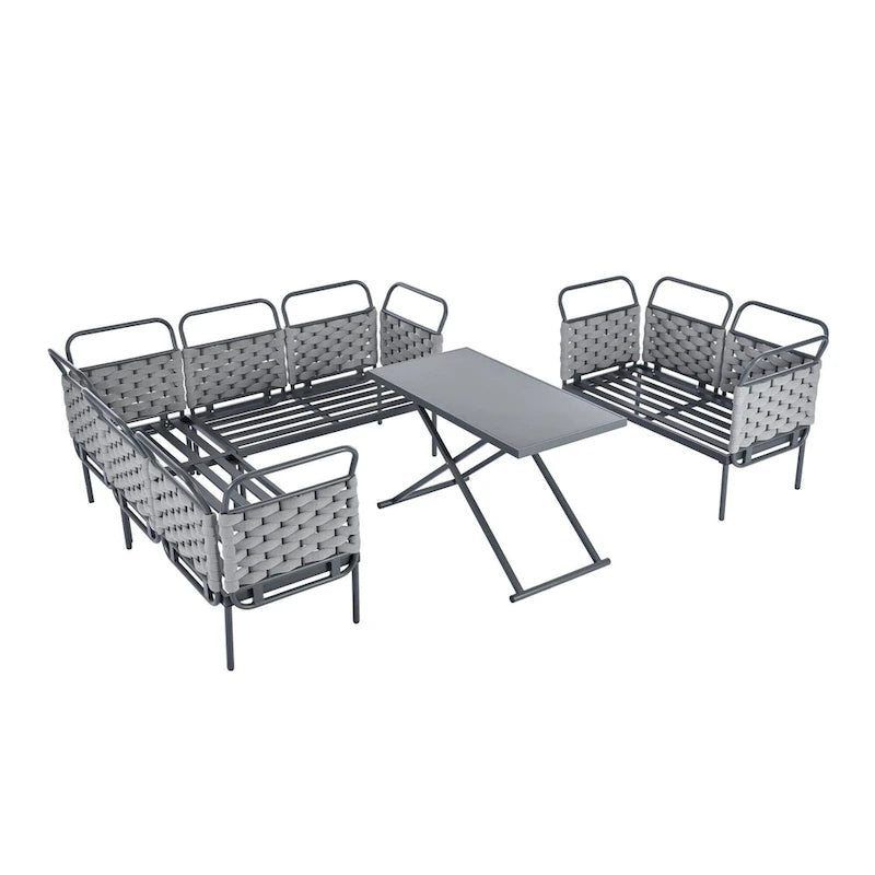 Ensemble de canapé d'angle moderne 5 pièces pour patio, mobilier d'extérieur en corde tressée avec table en verre et coussins