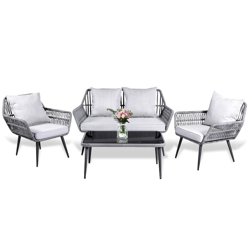 Ensemble de conversation Tappio 4 pièces en résine tressée avec coussins pour extérieur - 126 cm (L) x 69,5 cm (P) x 74,4 cm (H)