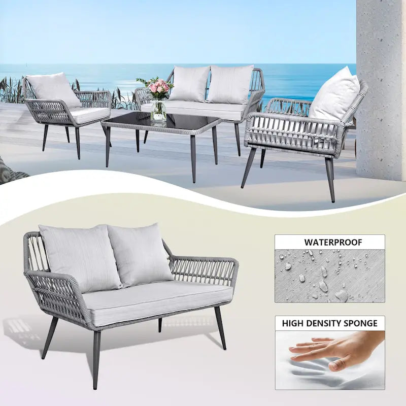 Ensemble de conversation Tappio 4 pièces en résine tressée avec coussins pour extérieur - 126 cm (L) x 69,5 cm (P) x 74,4 cm (H)