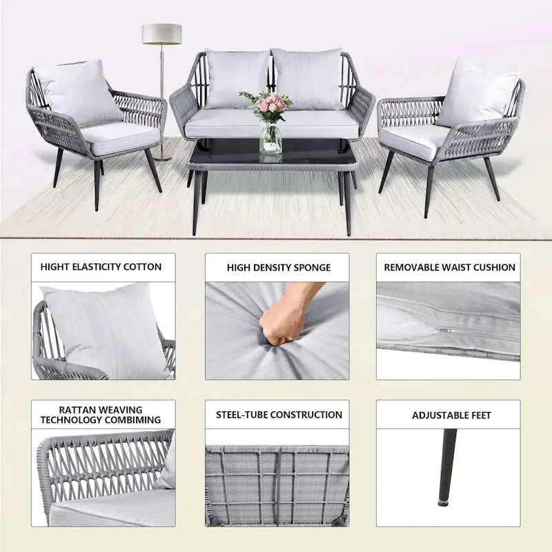 Ensemble de conversation Tappio 4 pièces en résine tressée avec coussins pour extérieur - 126 cm (L) x 69,5 cm (P) x 74,4 cm (H)