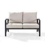 Canapé d'extérieur deux places Crosley Kaplan en acier bronze huilé avec coussins couleur avoine - 137 cm (L) x 77,5 cm (P) x 81 cm (H)
