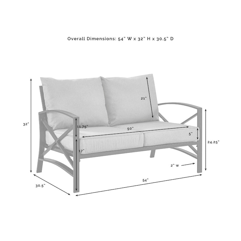 Canapé d'extérieur deux places Crosley Kaplan en acier bronze huilé avec coussins couleur avoine - 137 cm (L) x 77,5 cm (P) x 81 cm (H)