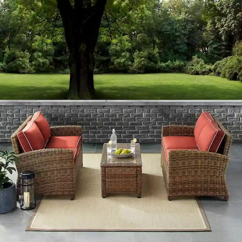 Crosley Bradenton 3-piece Outdoor Wicker Seating Set with Sangria Cushions - 94.5 W x 94.5 D x 32.5 H