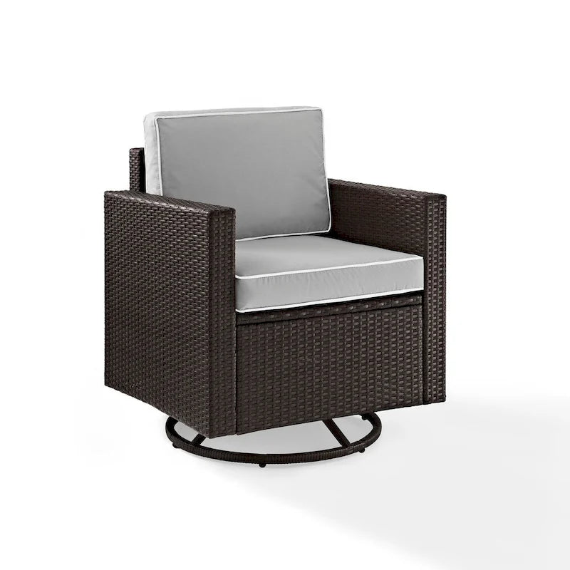 Fauteuil à bascule pivotant d'extérieur Crosley Palm Harbor en résine tressée avec coussins gris - 68,5 cm (L) x 68,5 cm (P) x 64,8 cm (H)