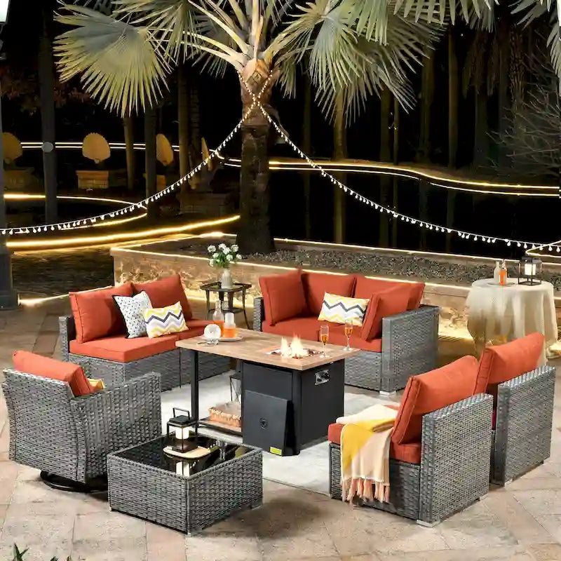 Ensemble de mobilier de patio HOOOWOOO en rotin gris 10 pièces avec foyer