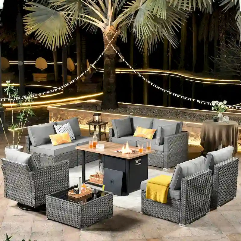 Ensemble de mobilier de patio HOOOWOOO en rotin gris 10 pièces avec foyer