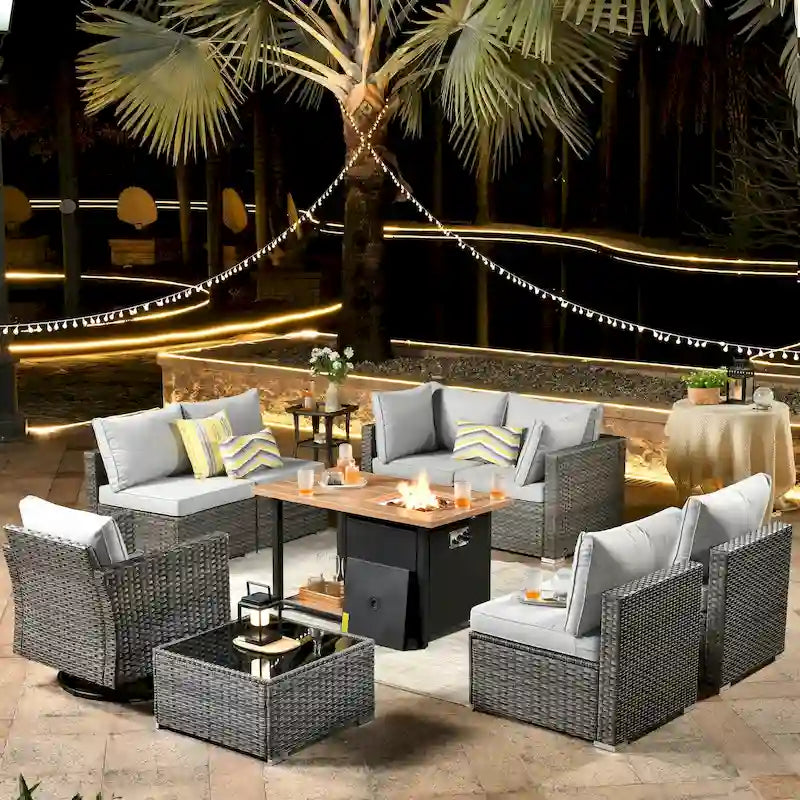 Ensemble de mobilier de patio HOOOWOOO en rotin gris 10 pièces avec foyer