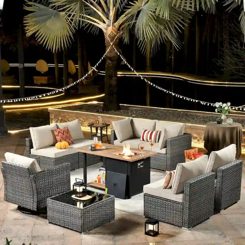 Ensemble de mobilier de patio HOOOWOOO en rotin gris 10 pièces avec foyer