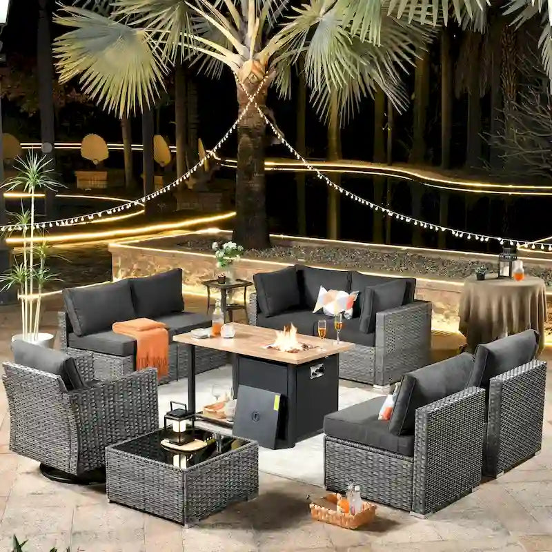 Ensemble de mobilier de patio HOOOWOOO en rotin gris 10 pièces avec foyer