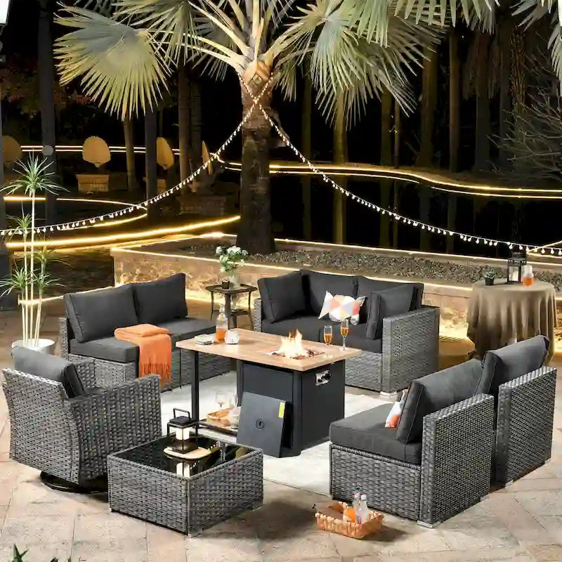 Ensemble de mobilier de patio HOOOWOOO en rotin gris 10 pièces avec foyer