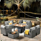 Ensemble de mobilier de patio HOOOWOOO en rotin gris 10 pièces avec foyer