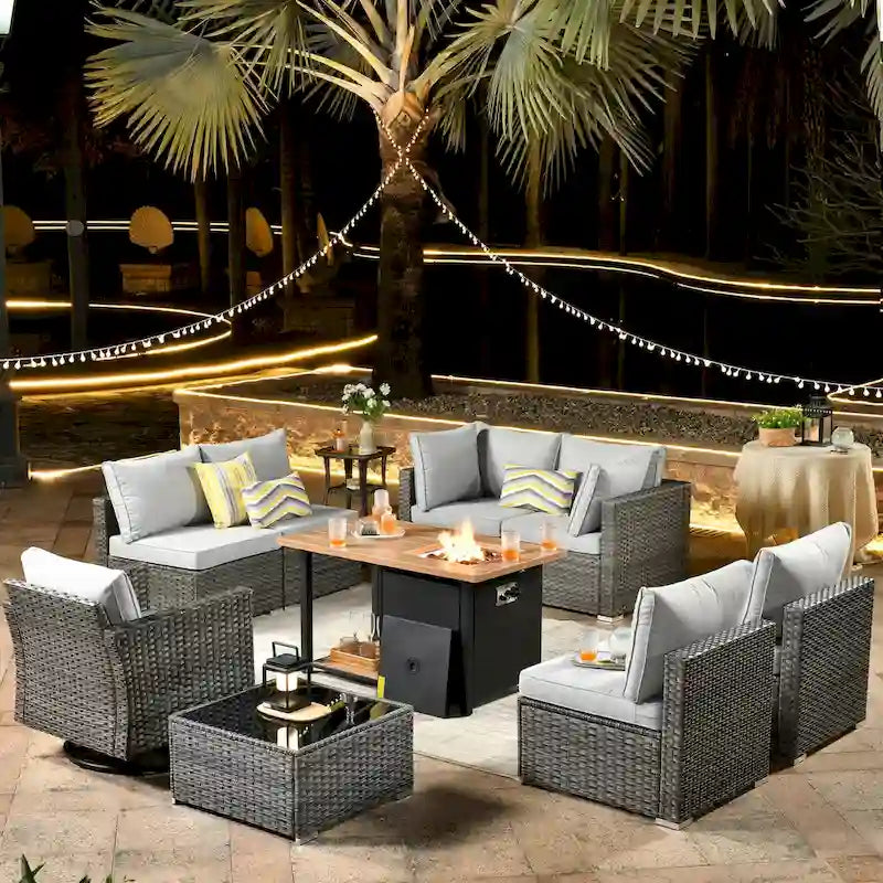 Ensemble de mobilier de patio HOOOWOOO en rotin gris 10 pièces avec foyer