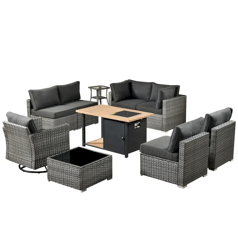 Ensemble de mobilier de patio HOOOWOOO en rotin gris 10 pièces avec foyer