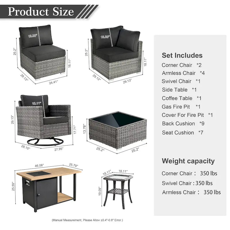 Ensemble de mobilier de patio HOOOWOOO en rotin gris 10 pièces avec foyer