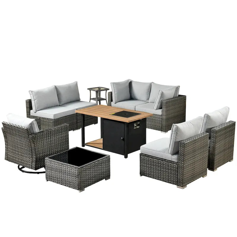 Ensemble de mobilier de patio HOOOWOOO en rotin gris 10 pièces avec foyer