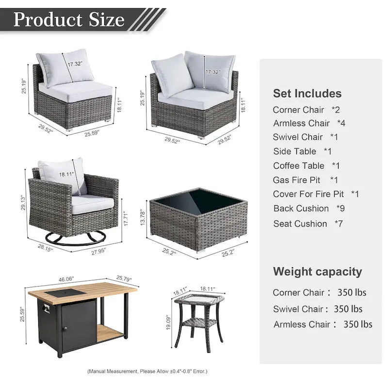 Ensemble de mobilier de patio HOOOWOOO en rotin gris 10 pièces avec foyer
