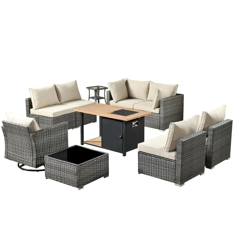 Ensemble de mobilier de patio HOOOWOOO en rotin gris 10 pièces avec foyer