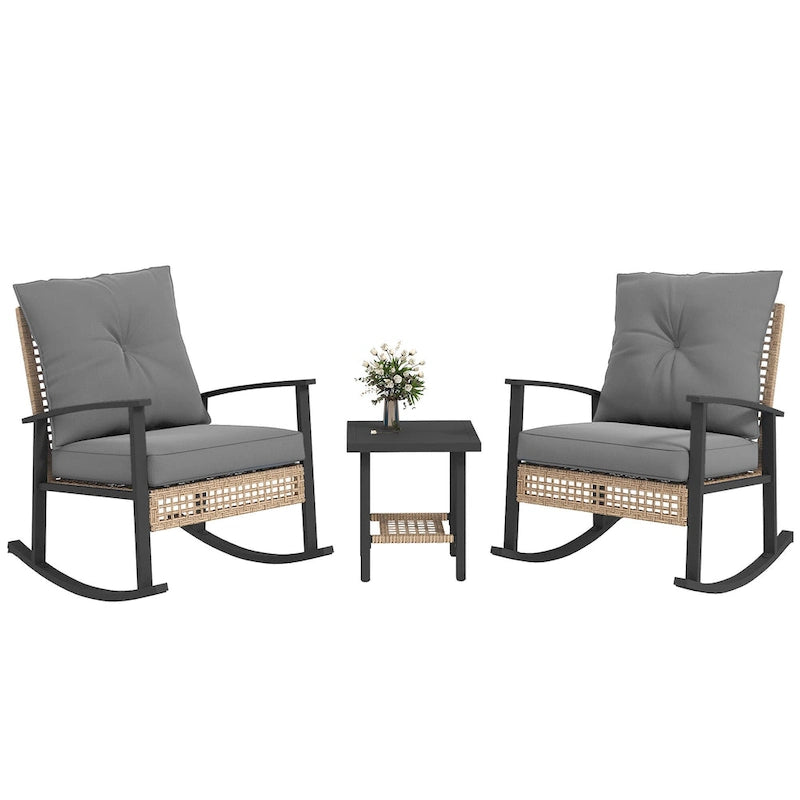 Ensemble bistro de patio Outsunny 3 pièces, ensemble de meubles en osier avec coussins capitonnés, chaises berçantes en rotin et table basse