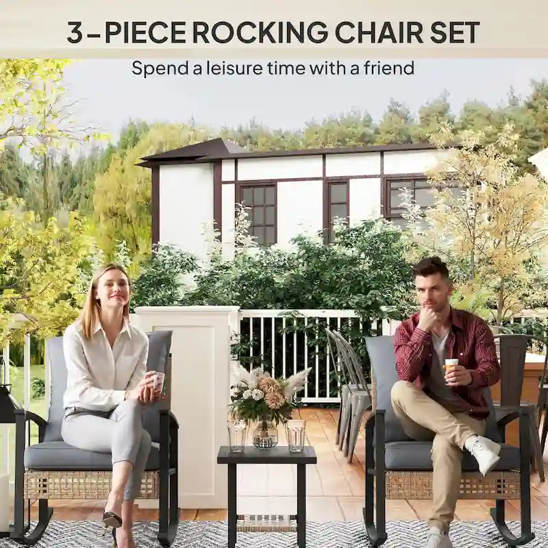 Ensemble bistro de patio Outsunny 3 pièces, ensemble de meubles en osier avec coussins capitonnés, chaises berçantes en rotin et table basse