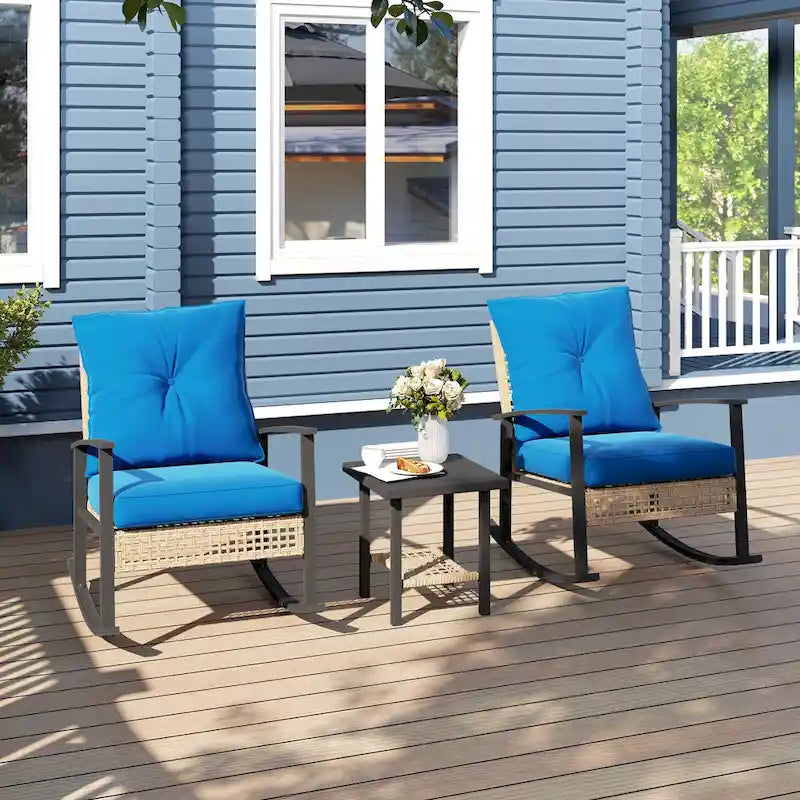 Ensemble bistro de patio Outsunny 3 pièces, ensemble de meubles en osier avec coussins capitonnés, chaises berçantes en rotin et table basse