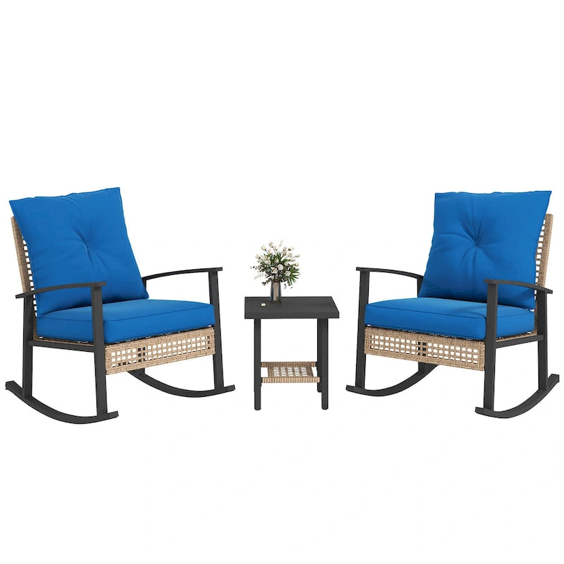 Ensemble bistro de patio Outsunny 3 pièces, ensemble de meubles en osier avec coussins capitonnés, chaises berçantes en rotin et table basse