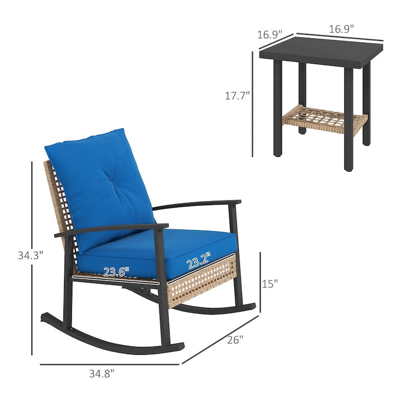 Ensemble bistro de patio Outsunny 3 pièces, ensemble de meubles en osier avec coussins capitonnés, chaises berçantes en rotin et table basse