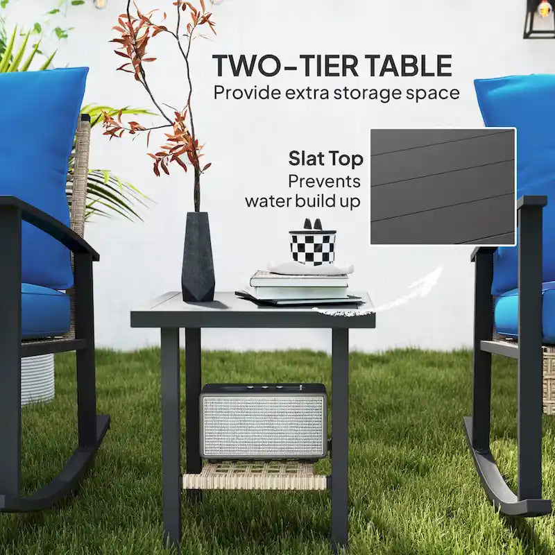 Ensemble bistro de patio Outsunny 3 pièces, ensemble de meubles en osier avec coussins capitonnés, chaises berçantes en rotin et table basse