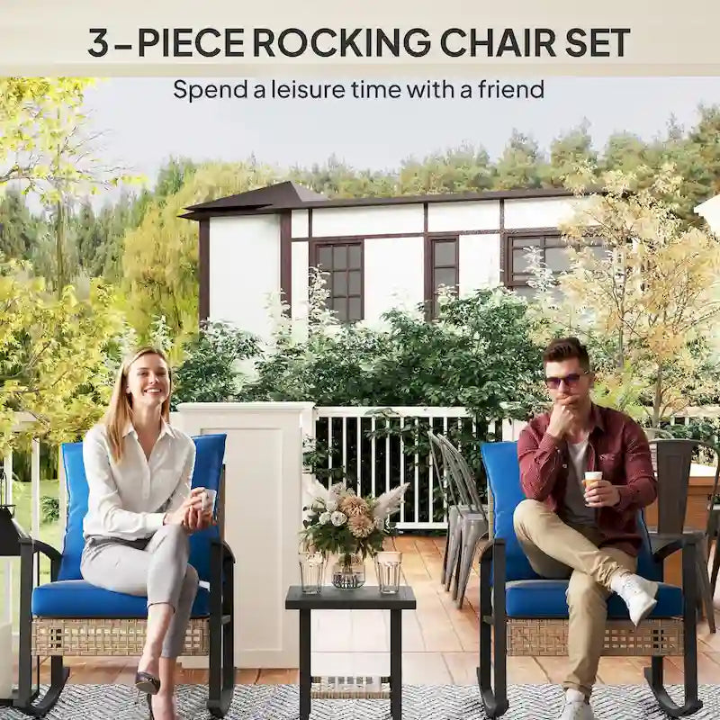 Ensemble bistro de patio Outsunny 3 pièces, ensemble de meubles en osier avec coussins capitonnés, chaises berçantes en rotin et table basse