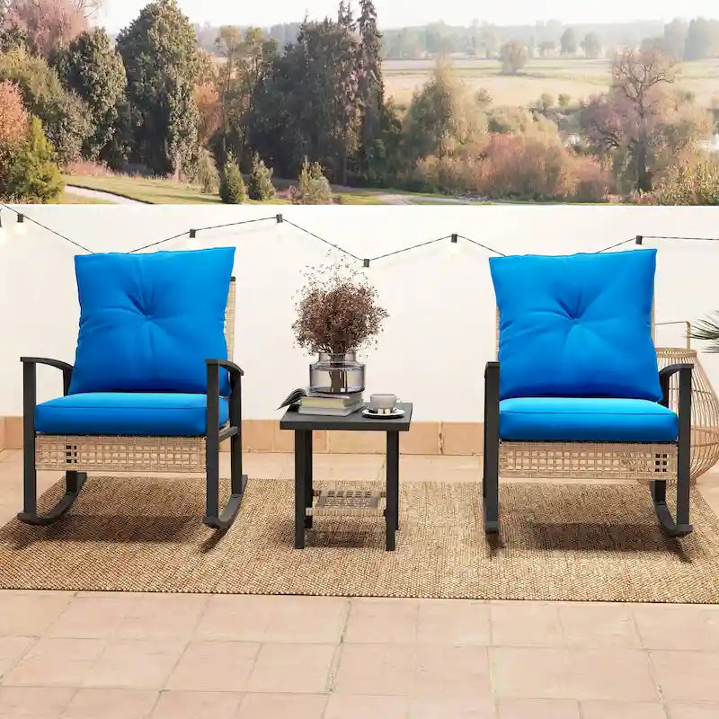 Ensemble bistro de patio Outsunny 3 pièces, ensemble de meubles en osier avec coussins capitonnés, chaises berçantes en rotin et table basse
