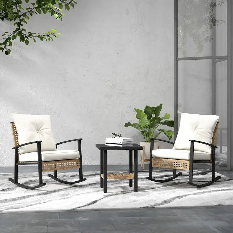 Ensemble bistro de patio Outsunny 3 pièces, ensemble de meubles en osier avec coussins capitonnés, chaises berçantes en rotin et table basse