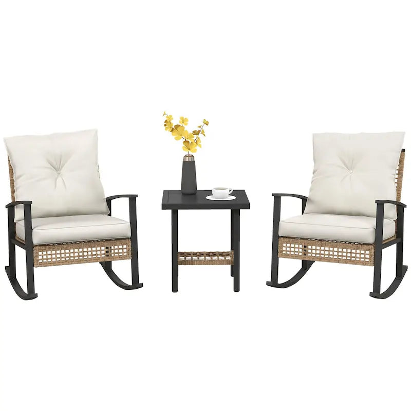 Ensemble bistro de patio Outsunny 3 pièces, ensemble de meubles en osier avec coussins capitonnés, chaises berçantes en rotin et table basse