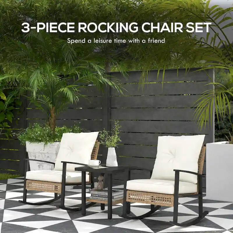 Ensemble bistro de patio Outsunny 3 pièces, ensemble de meubles en osier avec coussins capitonnés, chaises berçantes en rotin et table basse
