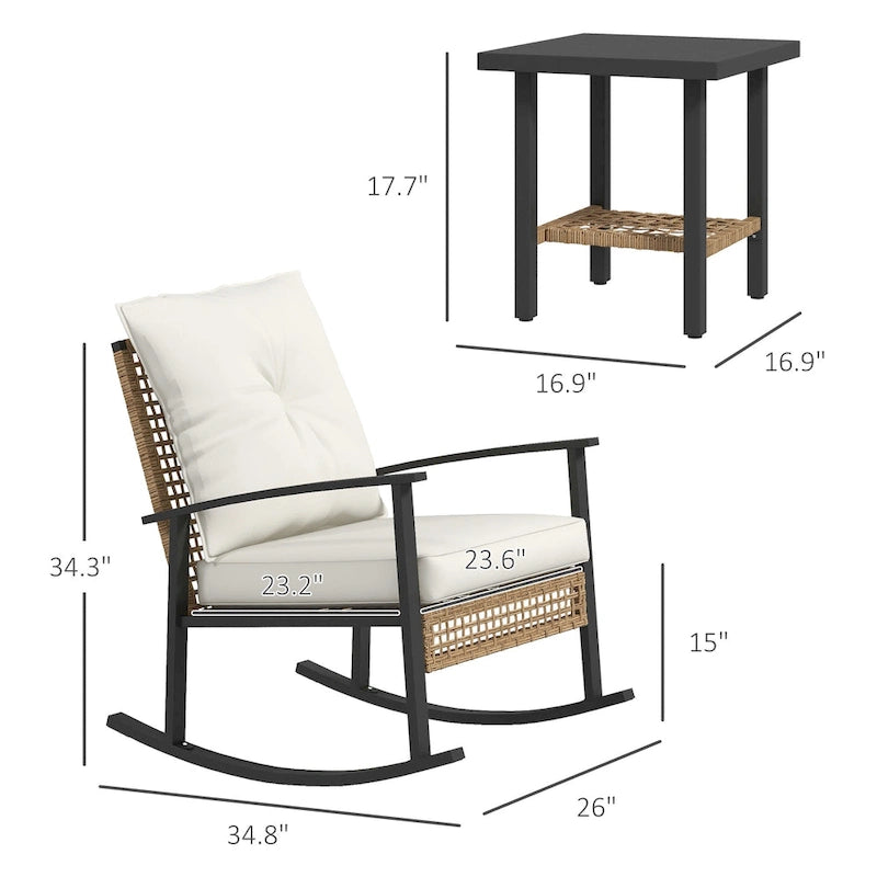 Ensemble bistro de patio Outsunny 3 pièces, ensemble de meubles en osier avec coussins capitonnés, chaises berçantes en rotin et table basse