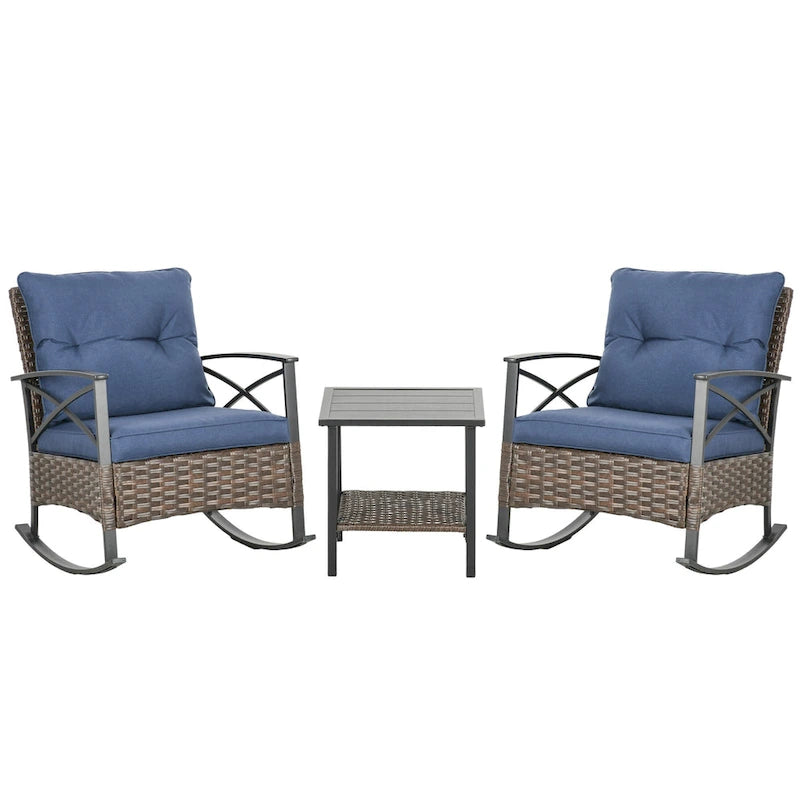 Ensemble de patio Outsunny 3 pièces avec fauteuils à bascule, ensemble bistro d'extérieur en osier comprenant 2 fauteuils à bascule de véranda, une table basse à 2 niveaux et des coussins.