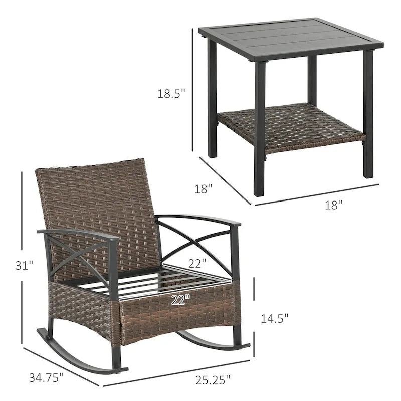Ensemble de patio Outsunny 3 pièces avec fauteuils à bascule, ensemble bistro d'extérieur en osier comprenant 2 fauteuils à bascule de véranda, une table basse à 2 niveaux et des coussins.