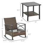 Ensemble de patio Outsunny 3 pièces avec fauteuils à bascule, ensemble bistro d'extérieur en osier comprenant 2 fauteuils à bascule de véranda, une table basse à 2 niveaux et des coussins.