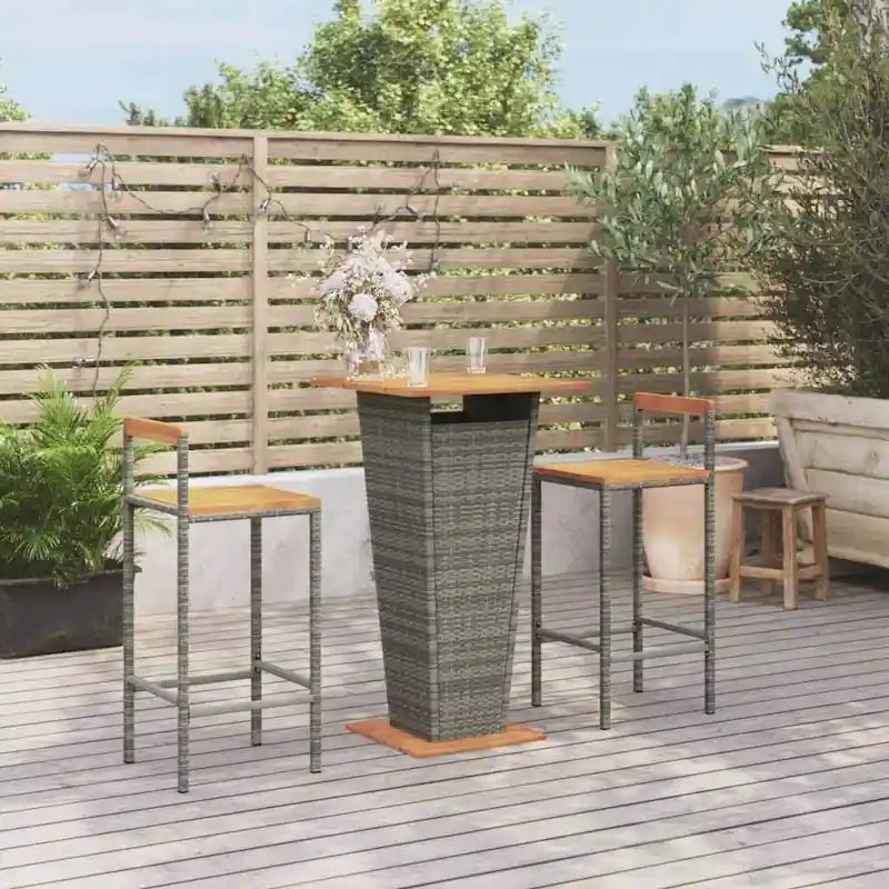 Ensemble de bar de patio 3 pièces vidaXL en polyrotin noir et bois d'acacia massif - 15,7 x 17,3 x 39,4