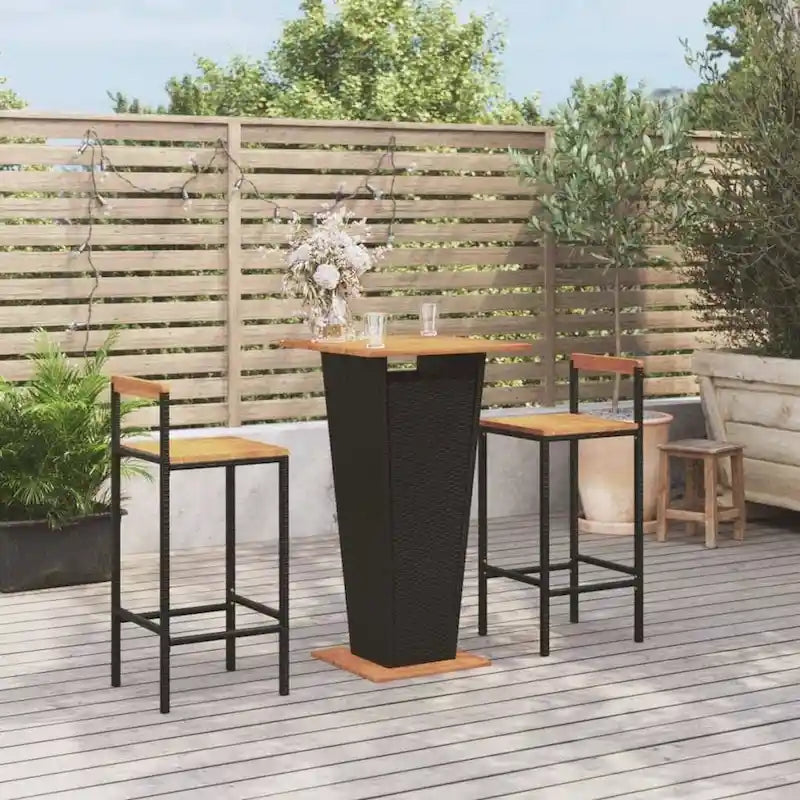 vidaXL 3 Piece Patio Bar Set Black Poly Rattan&Solid Wood Acacia - 15.7 x 17.3 x 39.4