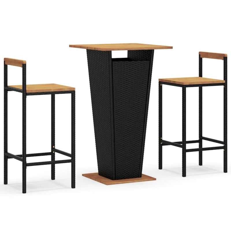 Ensemble de bar de patio 3 pièces vidaXL en polyrotin noir et bois d'acacia massif - 15,7 x 17,3 x 39,4